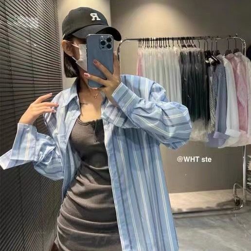 Áo Sơ Mi Dài Tay Dáng Rộng Họa Tiết Kẻ Sọc In Chữ Phong Cách Hàn Quốc Thời Trang Mùa Thu Hàng Mới