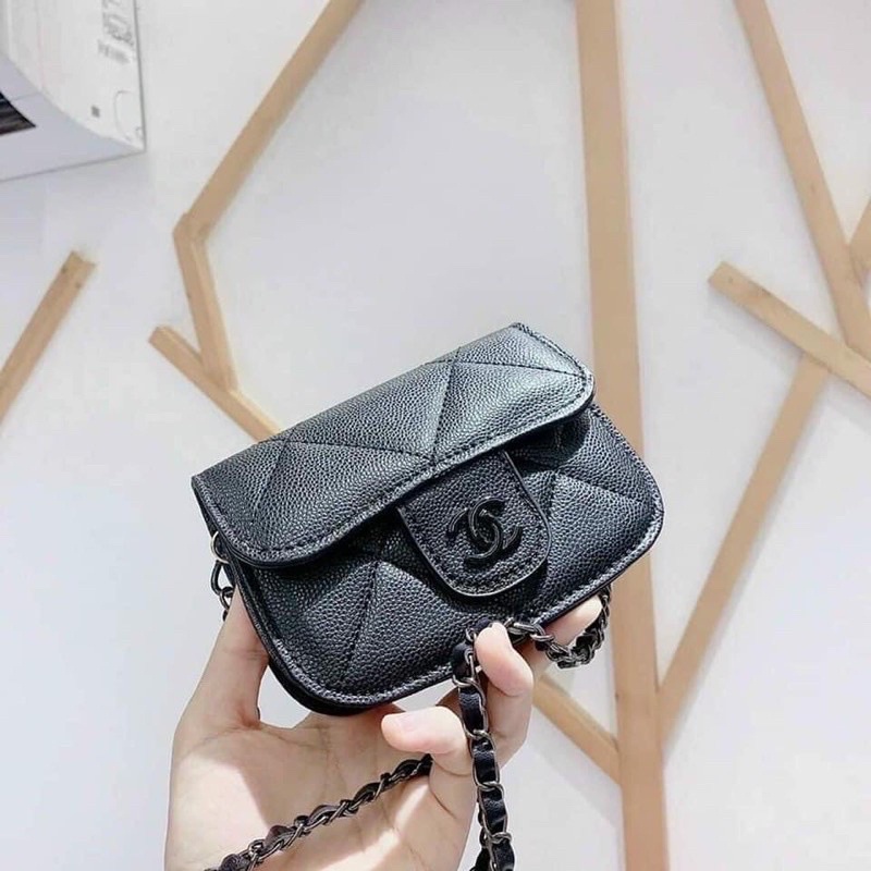 Túi Mini Nữ , Túi Đeo Chéo Da Hạt Logo Dây Xích Đen trer trung TX081 - memin