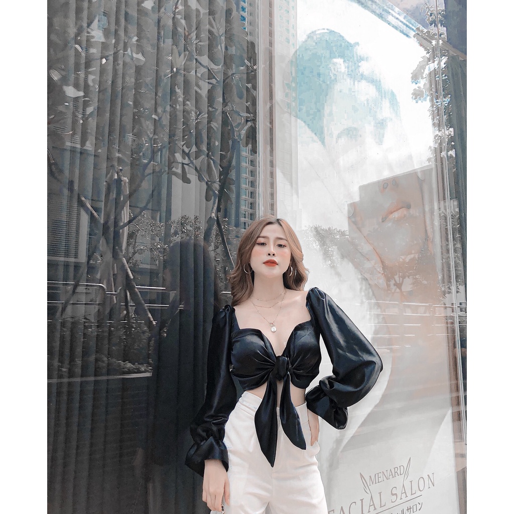 Áo Croptop Tay Bồng Cột Nơ Ngực Bigsize Có Mút Lót Trong May Hai Lớp Chất Lụa Satin Dưới 70Kg "ROSE"