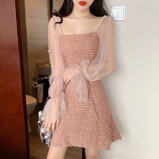 VÁY REN CỔ VUÔNG TAY LƯỚI ĐÍNH HẠT (feedback)
