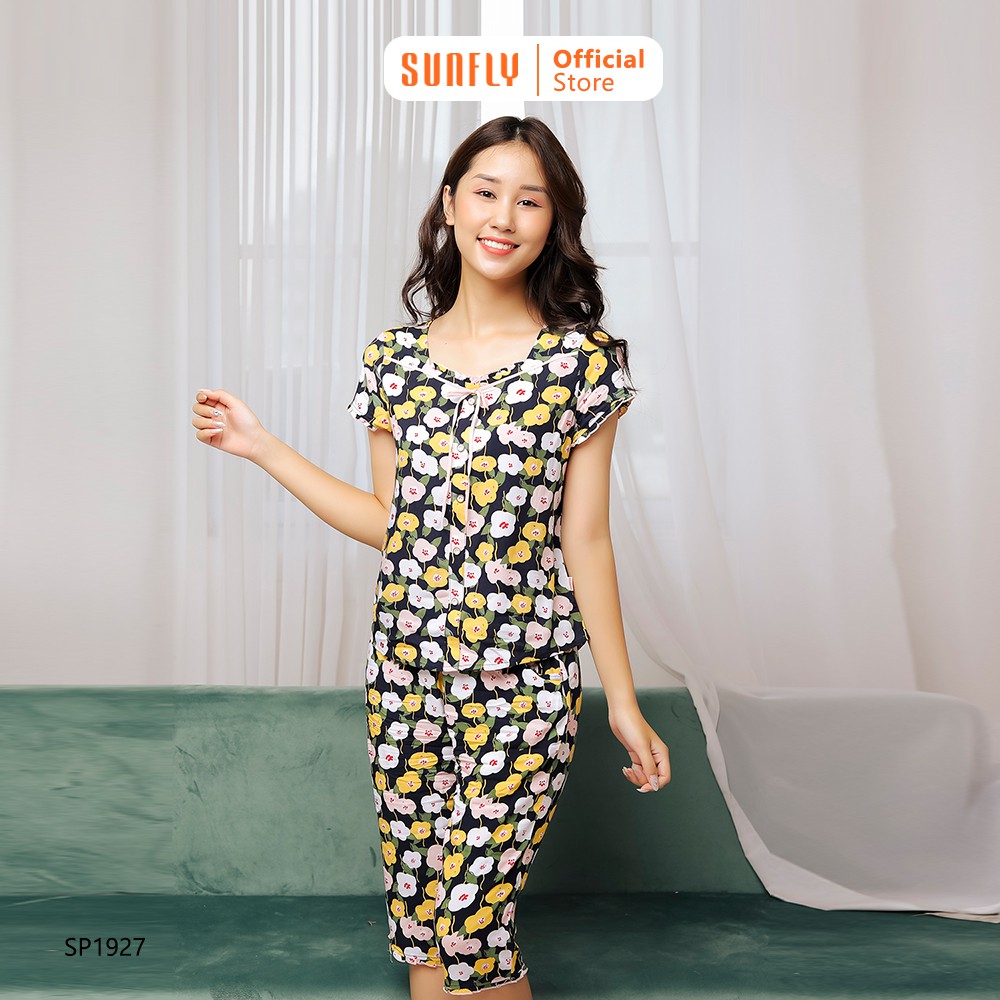 Đồ bộ mặc nhà lanh SUNFLY áo cộc quần ngố SP1927