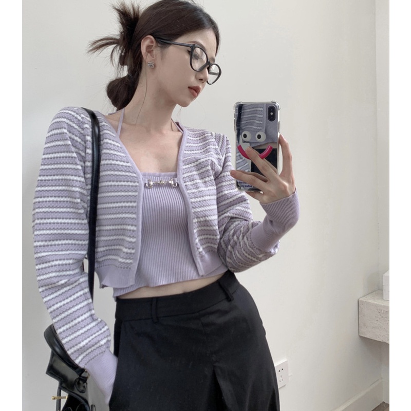 Áo Cardigan Dệt Kim Họa Tiết Kẻ Sọc Thời Trang Mùa Thu