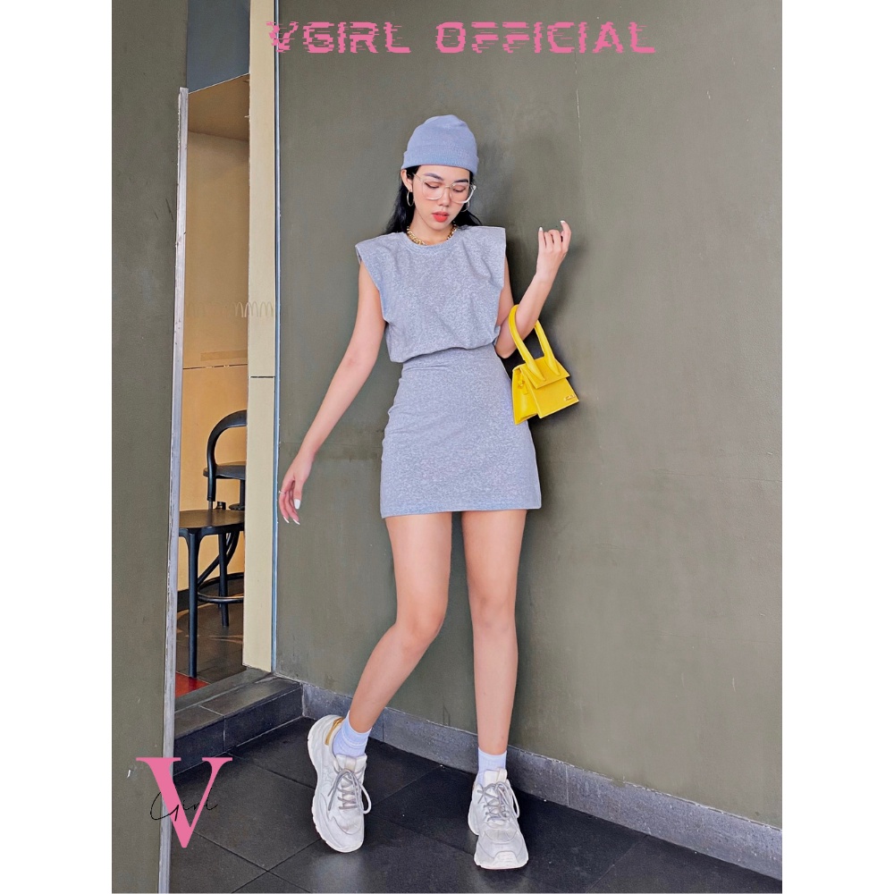 Set bộ nữ VGIRL áo cộc tay có đệm vai, chân váy chữ A ôm eo năng động