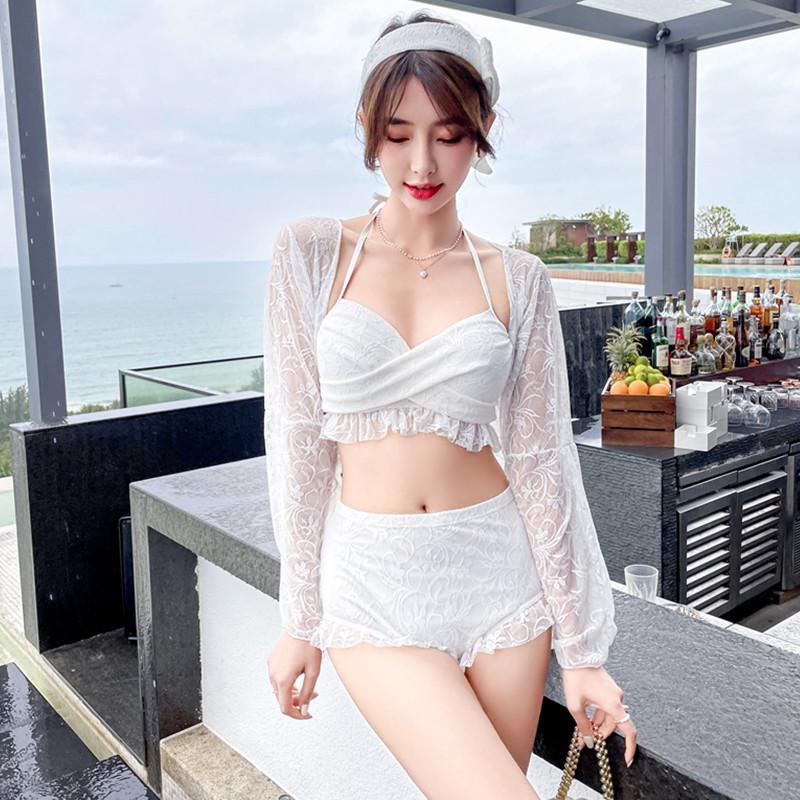Set Đồ Bơi Áo Tay Dài + Quần Lưng Cao Màu Trắng Phong Cách Hàn Quốc | BigBuy360 - bigbuy360.vn