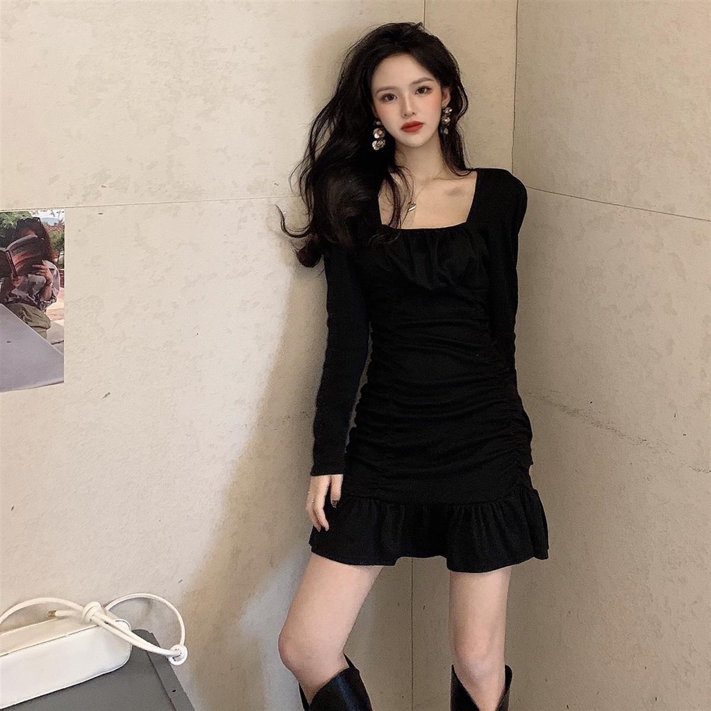 COZOK Đầm tay dài cổ vuông phong cách vintage thời trang