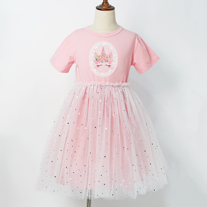 Đầm công chúa chất liệu cotton mềm mại phối ren hình kỳ lân đính kim sa thời trang cho bé gái 2021