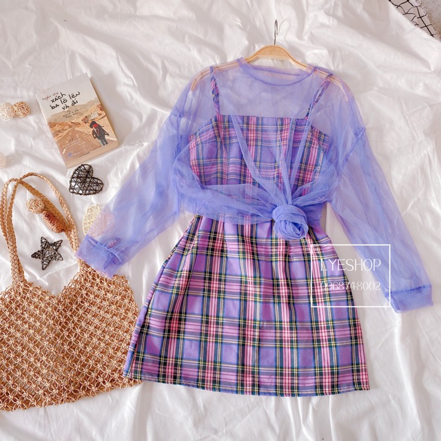 Set váy hai dây kẻ áo lưới ulzzang tím
