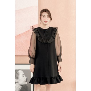 RẬP - Đầm Đen Thân Suông Có Bèo Tay Lưới - PUBBI 02 ĐEN