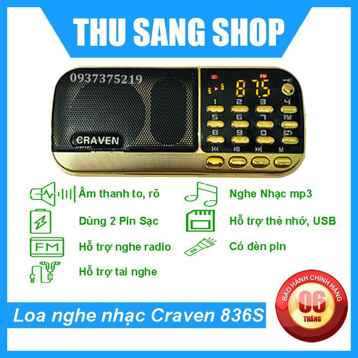 [Tặng Sạc] Loa nghe nhạc mini Craven CR-836S, 836S Nghe Nhạc Thẻ Nhớ, USB, FM Có Đèn PIN, Cắm Tai Nghe