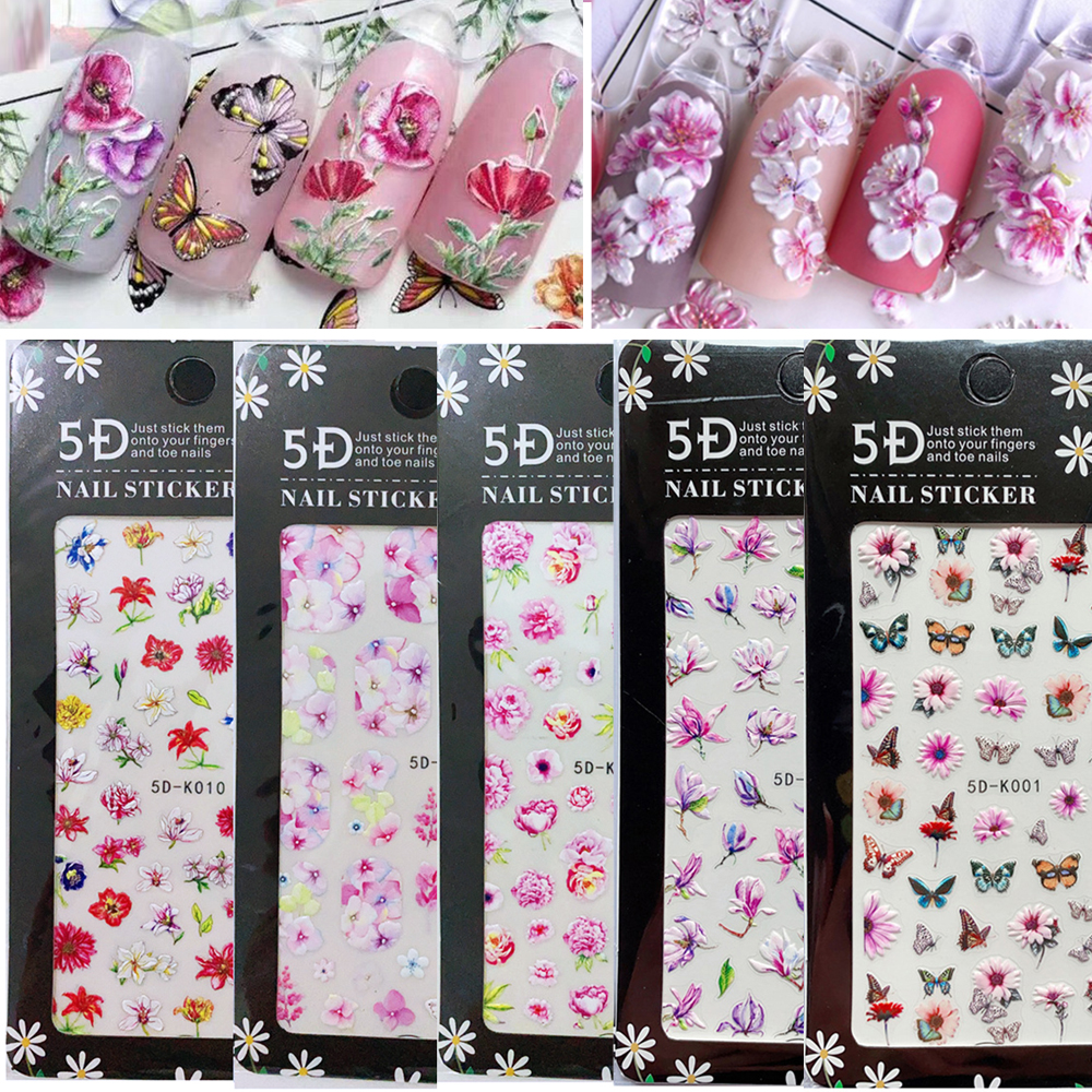 (Hàng Mới Về) Miếng Dán Trang Trí Móng Tay 5D Diy Hình Hoa Và Bướm Màu Hồng