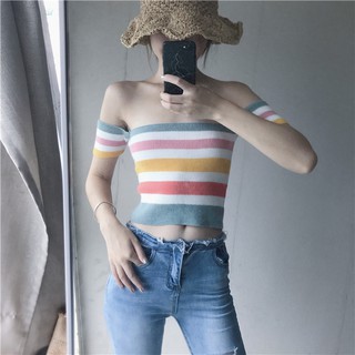 Áo croptop trễ vai len gân rainbow ulzzang ảnh thật cuối