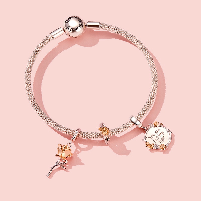 Hạt charm BAMOER BSC147 bằng bạc 925 hình bông hoa màu vàng hồng trang trí đồ trang sức