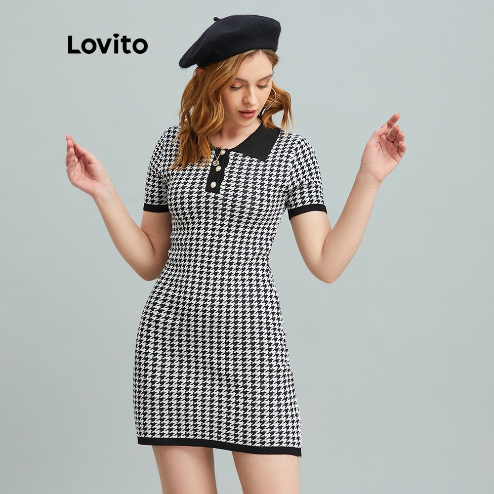 Đầm Lovito cổ bẻ họa tiết sọc caro phong cách preppy L10179 (Màu đen)