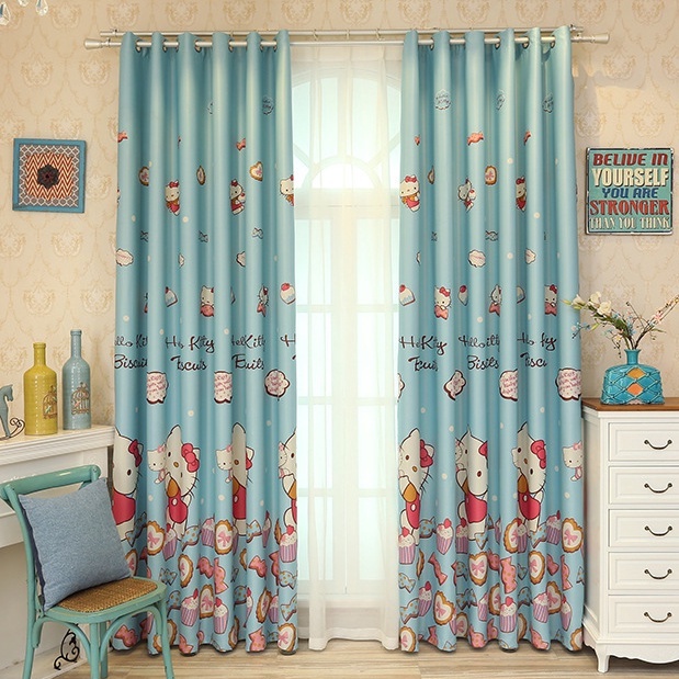 Rèm cửa trẻ em hình Hello Kitty màu hồng, màu xanh, rèm voan thêu kitty, rèm dán tường, dán cửa, treo thanh decor cửa sổ