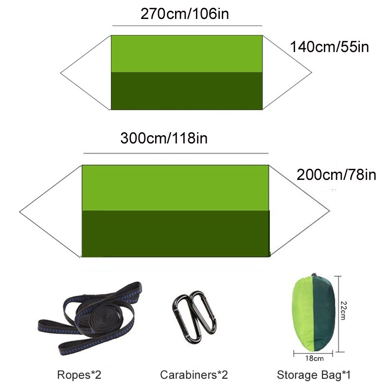 Võng đơn / đôi 270x140cm / 300x200cm có dây móc khóa tiện dụng để mang theo đi du lịch cắm trại