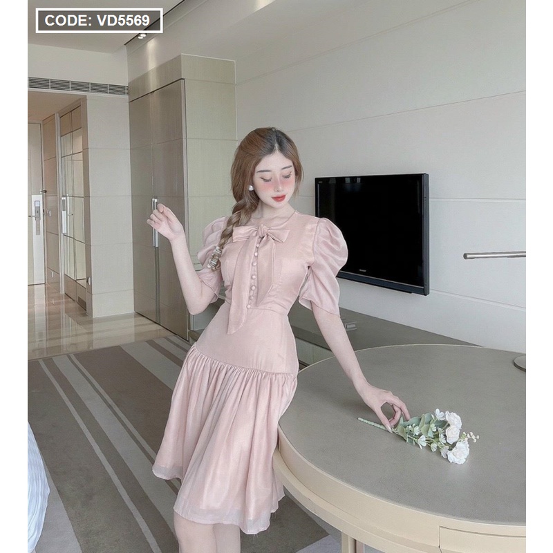 [HCM – hàng cao cấp] Mẫu đầm nữ đẹp Baby doll nơ cổ nút ngực. Freeship toàn quốc.