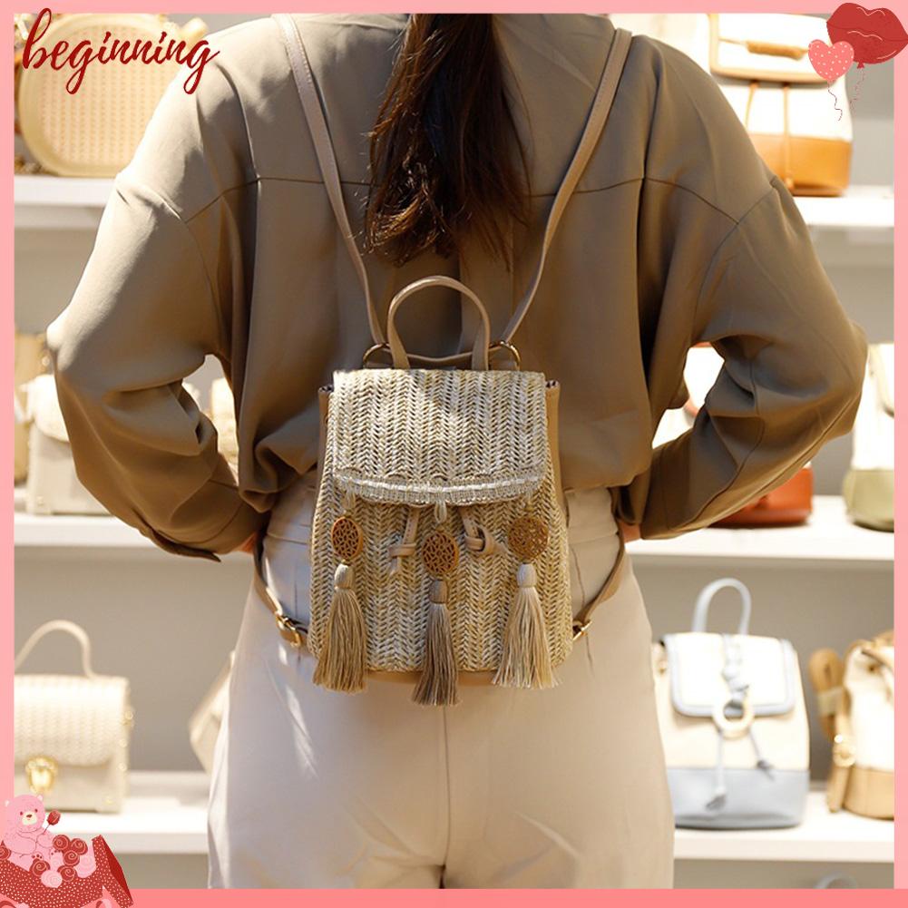 ✿ Bắt Đầu ✿ Ba Lô Da Mini Phối Tua Rua Phong Cách Boho Thời Trang Đi Biển Mùa Hè Cho Nữ