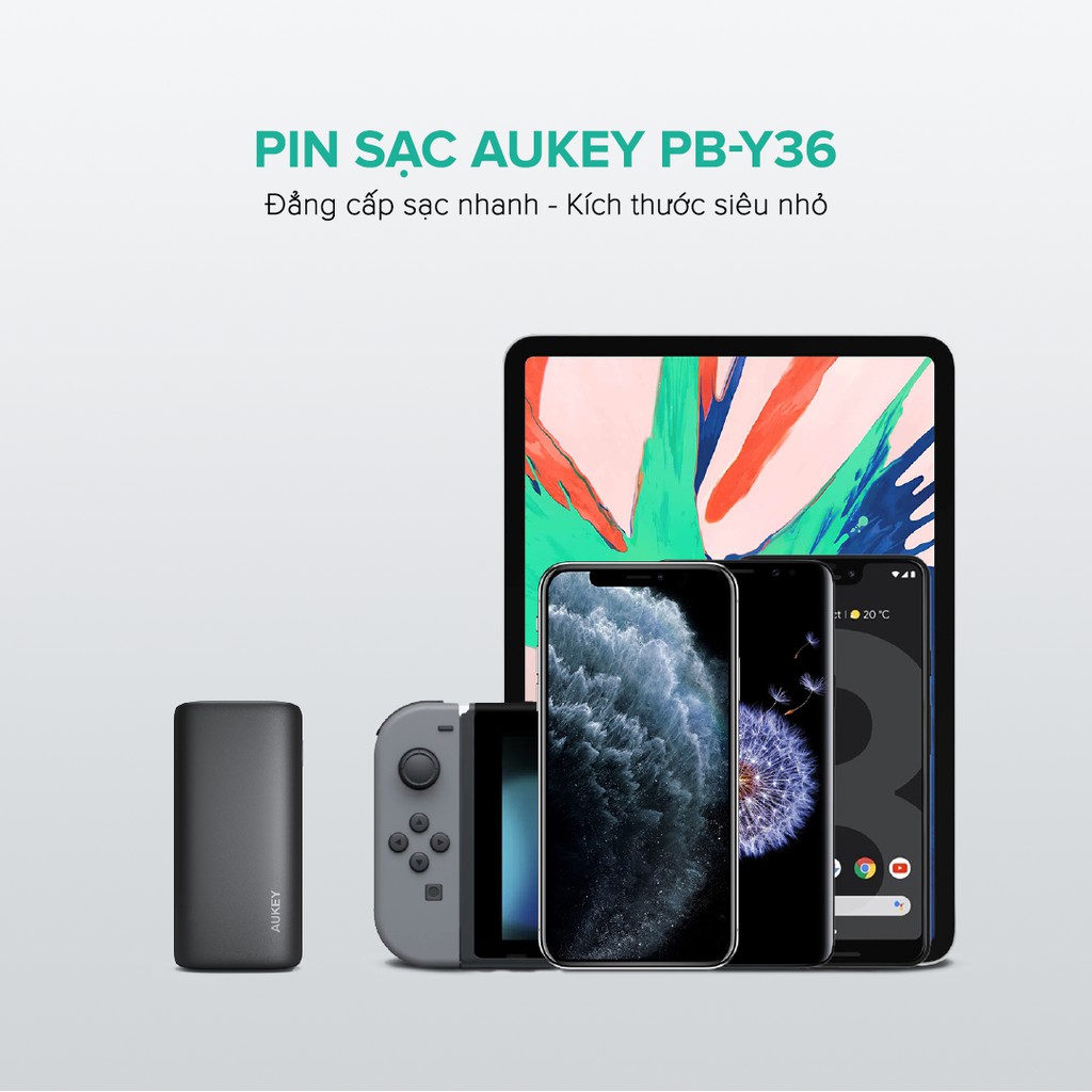 Pin Sạc Aukey PB-Y36 10.000 mAh, Lõi Tesla Bền X7 Lần, Sạc Nhanh 18W - BH Chính Hãng 18 Tháng