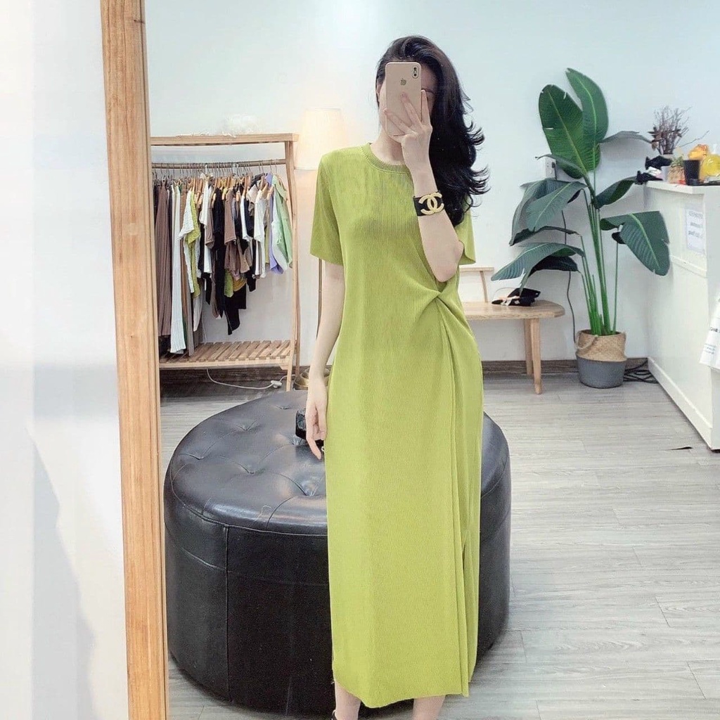 Váy dập li dáng suông tay lỡ rúm eo điệu đà chất tăm dập li co dãn bầu bí bon chen thoải mái