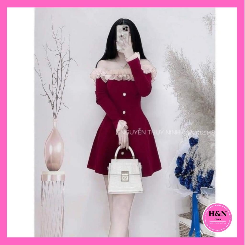 Váy nữ thiết kế trễ vai Đầm nhung xòe ngắn dự tiệc xinh đẹp trẻ trung HN Clothing V39
