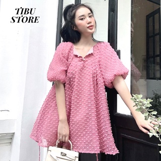 Đầm babydoll tiểu thư ulzzang TIBU, Váy nữ tay phồng voan bi cao cấp 4 màu Trắng/Hồng/Xanh/Đen