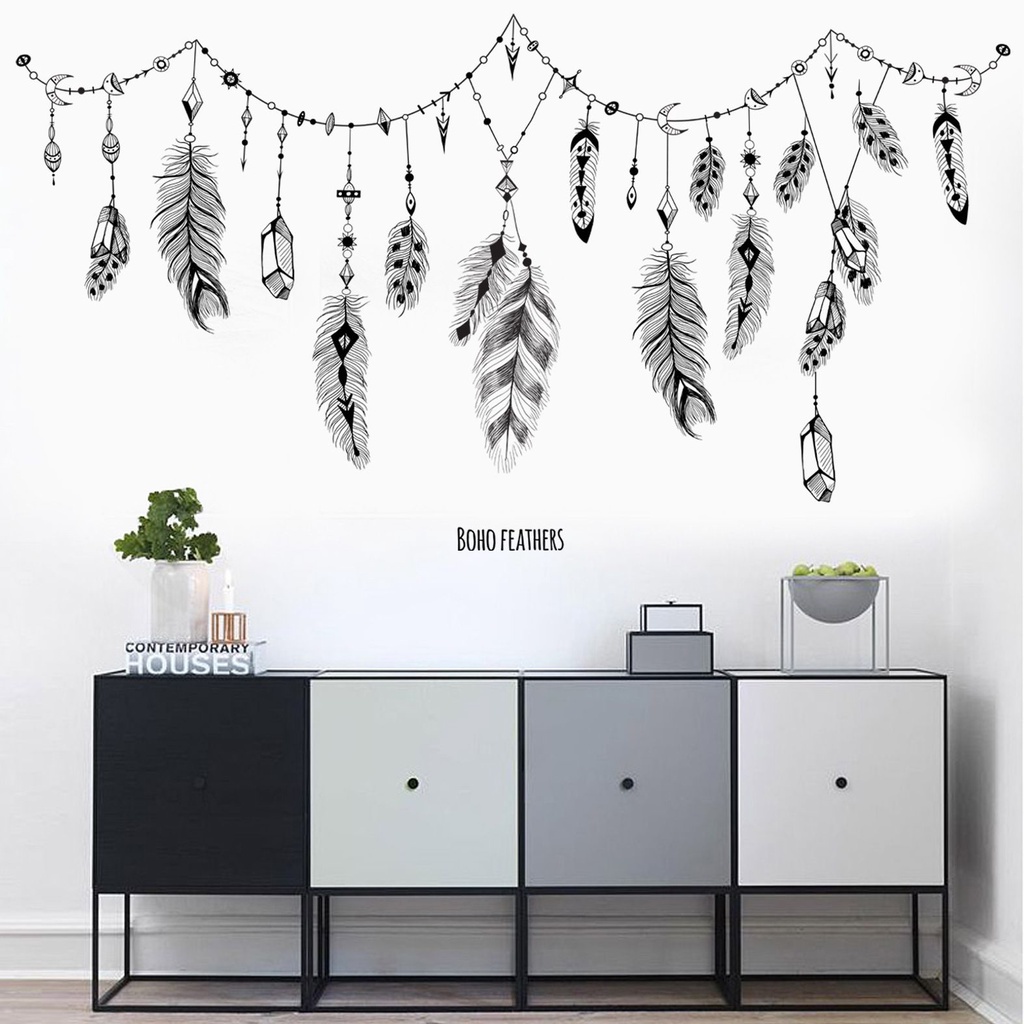 Miếng Dán Tường Trang Trí Hình Lông Vũ Màu Đen Chống Thấm Nước Tháo Gỡ Được Phong Cách Boho Đơn Giản