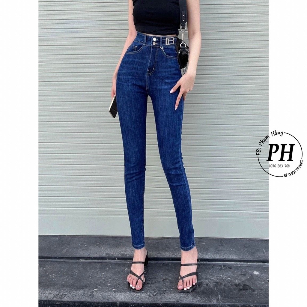 Quần Jeans Nữ Lưng Cao - Quần Jeans Nữ Lưng Cao, Đen Tuyền Kèm Khoen Thời Trang