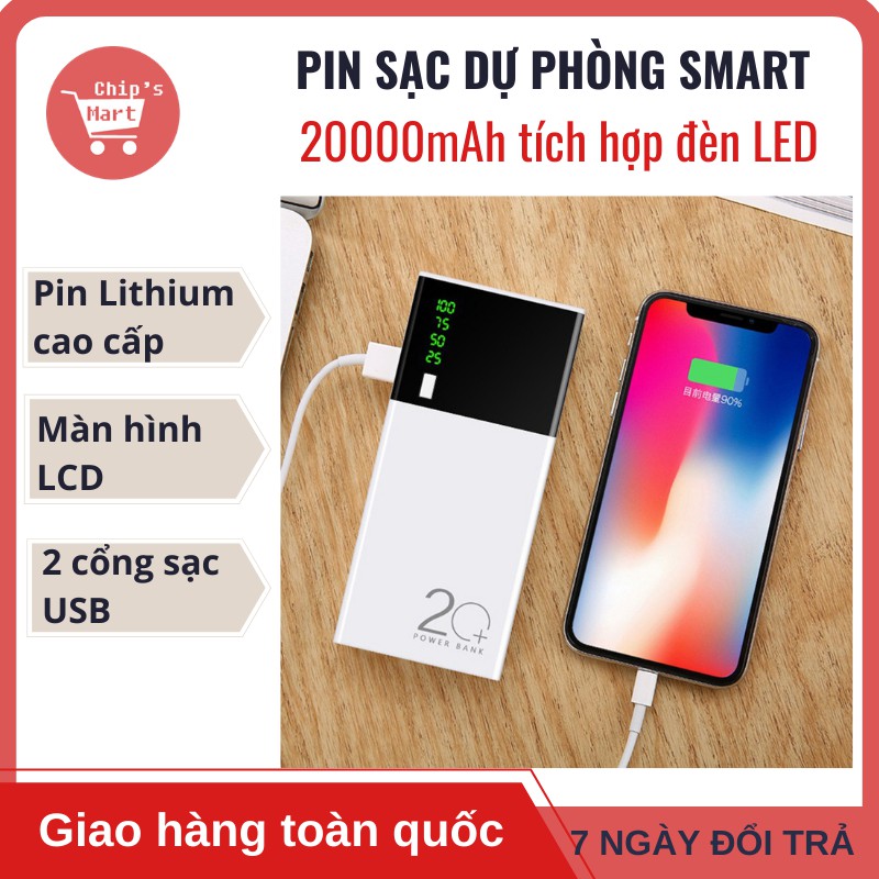 [HOT SALE] Pin Sạc Dự Phòng SMART 20000 mAh 2 cổng sạc USB tích hợp đèn LED