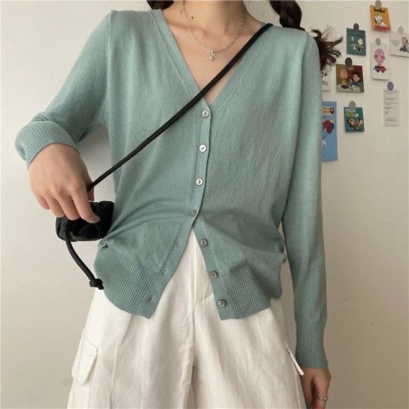 Áo khoác cardigan thun len nữ tay dài 7 cúc cổ tim