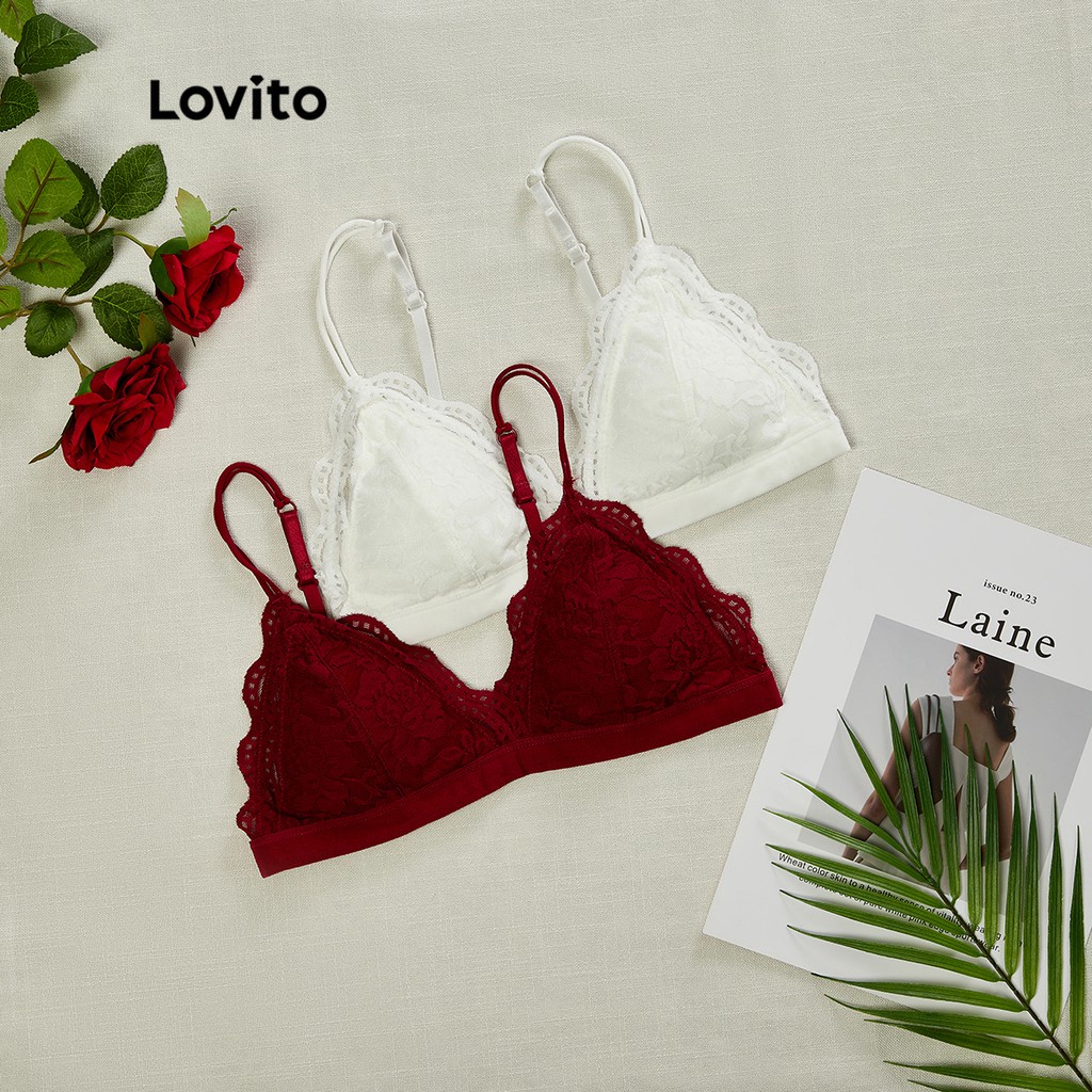 Áo ngực Lovito dáng ôm cơ bản phối ren tương phản dễ thương L13X105 (Màu đỏ rượu/ Trắng) | BigBuy360 - bigbuy360.vn