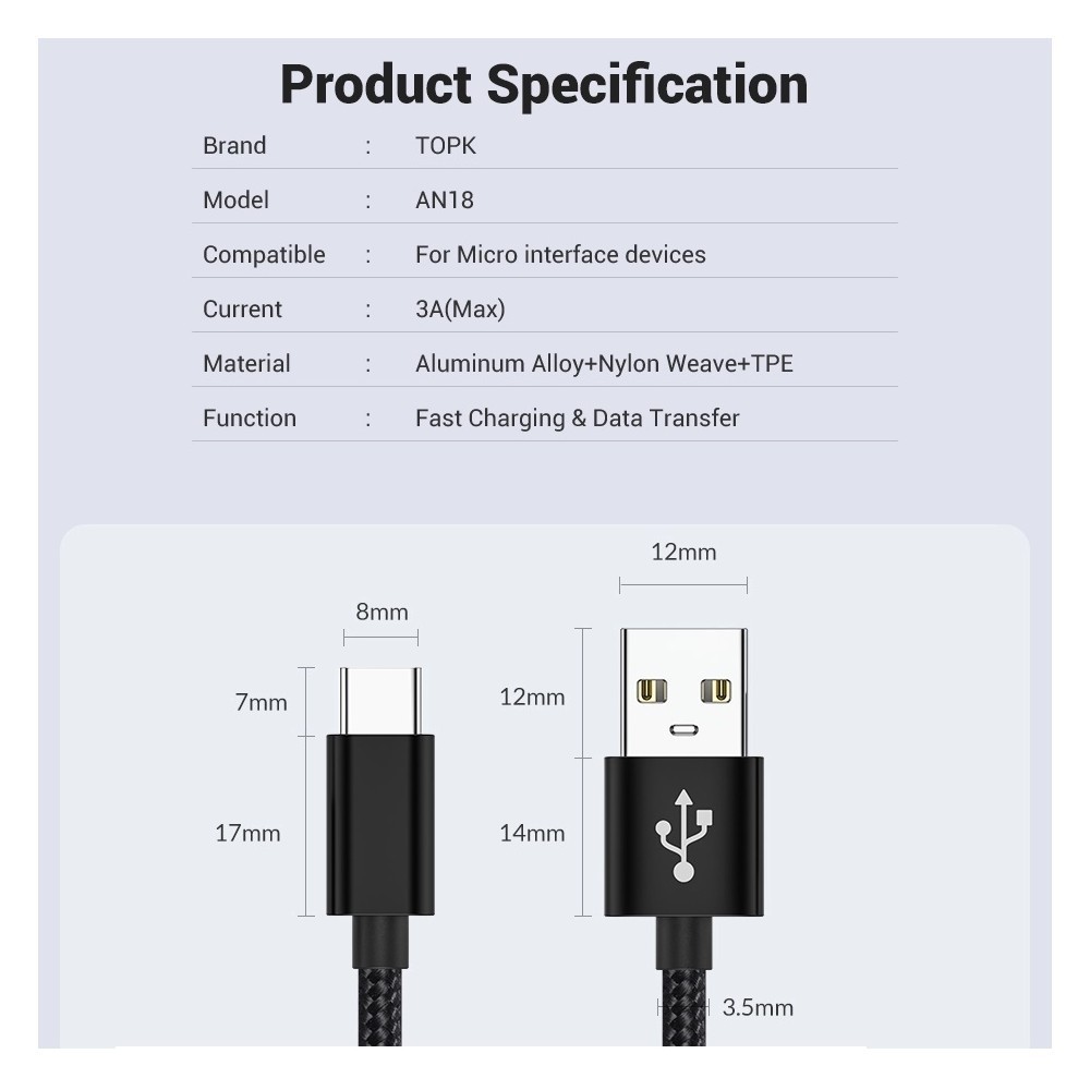 [SIÊU HOT] Cáp sạc nhanh TOPK AN18 cổng Type-C và Lightning cho Iphone Samsung Xiaomi Redmi Note 7 2.4A dài 1m