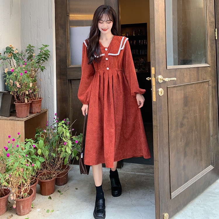 SUXI Đầm lửng tay dài phong cách Hàn Quốc