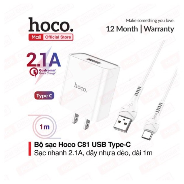 Bộ sạc Hoco C81 USB Type-C sạc  2.1A, thích hợp nhiều dòng Samsung/Huawei/Xiaomi..., dây nhựa dẻo, dài 100cm