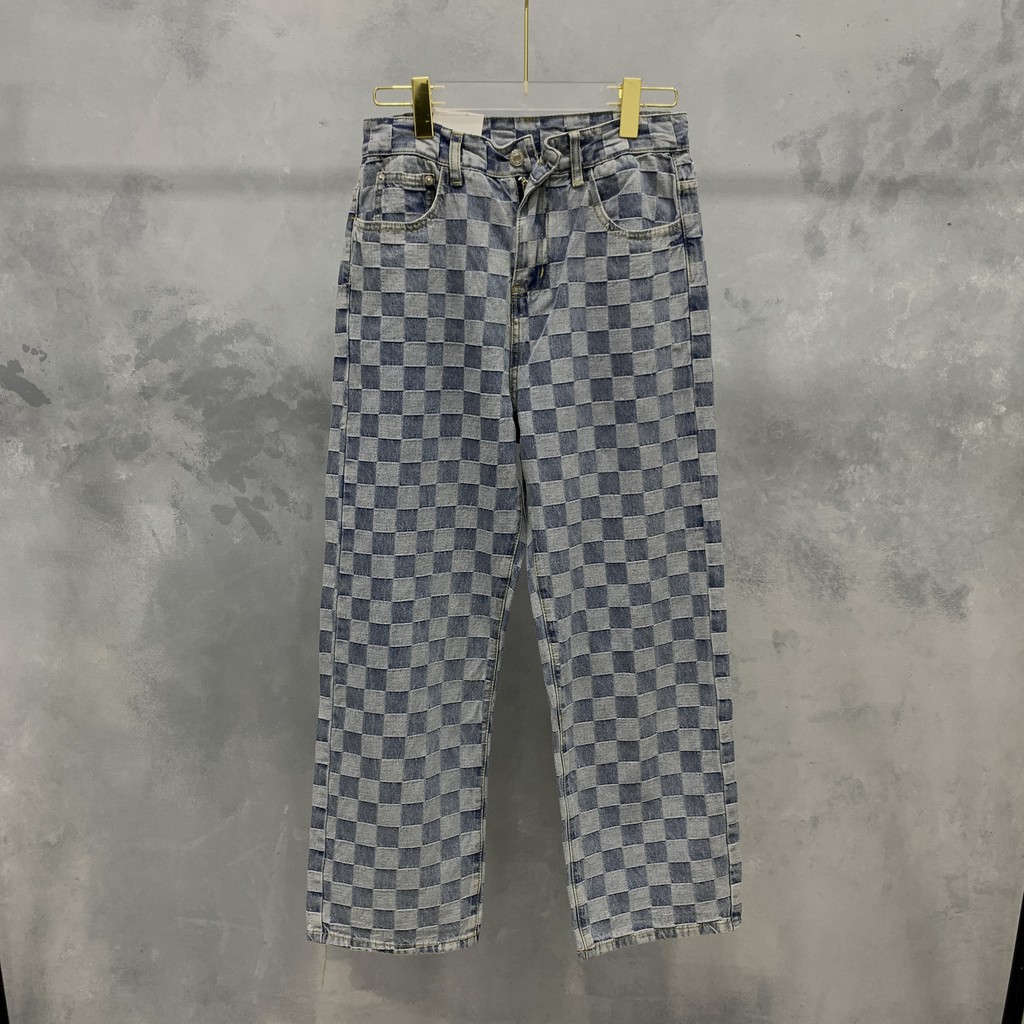 [Dập Nổi] Quần Jean ống suông rộng họa tiết kẻ đường phố unisex streetwear kẻ ô vân chìm xuông phối với sneaker | BigBuy360 - bigbuy360.vn