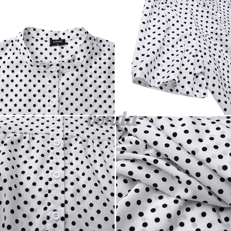 VONDA Women Short Sleeve Polka Dot Stand Collar Button Down Long Dress