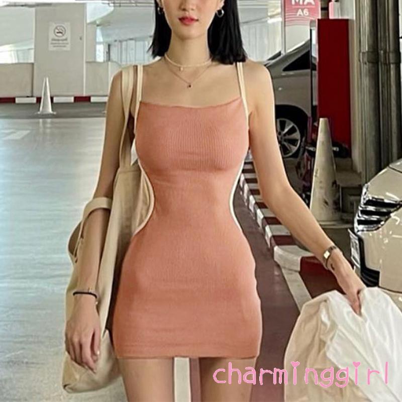Chm-đầm Mini Hai Dây Ôm Dáng Hở Lưng Phối Màu Tương Phản Cho Nữ