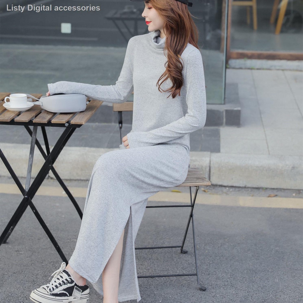 Đầm len lông cừu dài cổ cao xẻ tà thời trang thu đông mới cho nữ