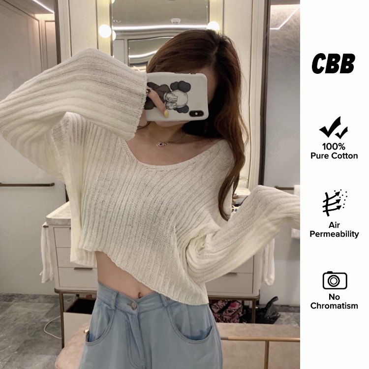 Porozi  Áo len cổ chữ V dáng rộng dài tay chống nắng 5 màu lựa chọn cho nữ