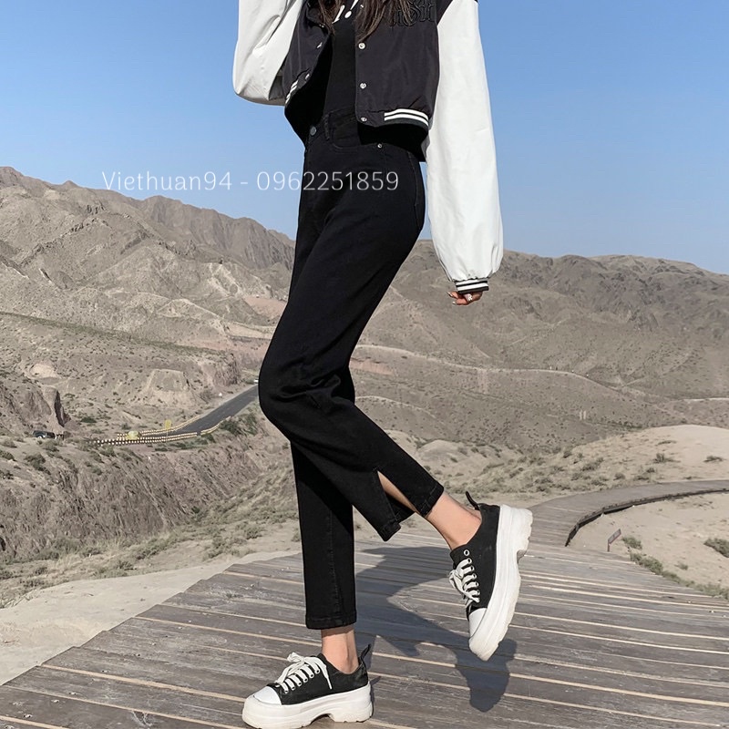 Quần jeans ống đứng đen xẻ 2 bên gấu hack dáng, hack chân siêu đẹp
