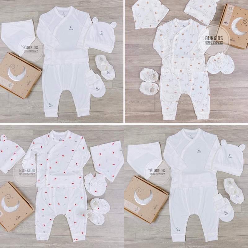 Set bộ sơ sinh petit Moon kèm hộp gồm 5 sản phẩm (bộ quần áo + bao tay chân+ yếm + mũ )(như ảnh)