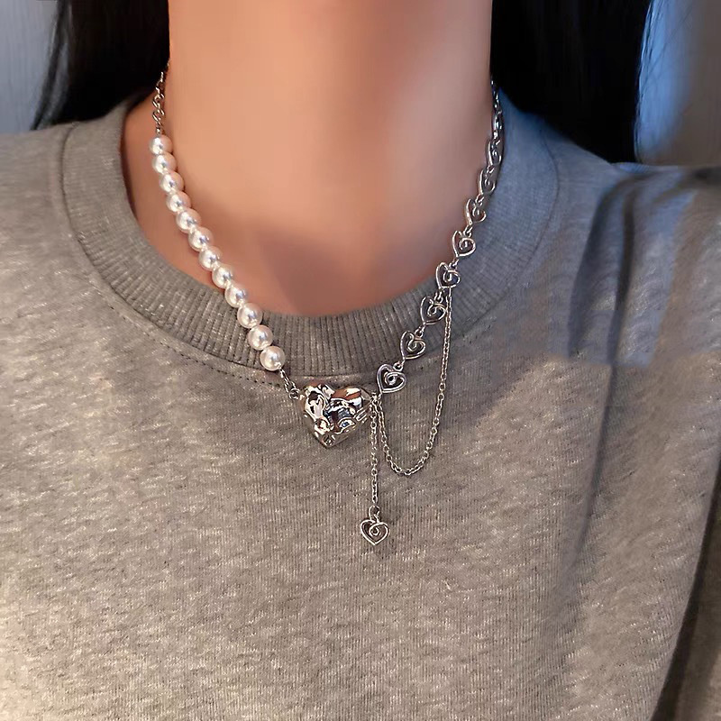 vòng cổ Mặt Trái Tim Đính Ngọc Trai Phong Cách Hip Hop Thời Trang