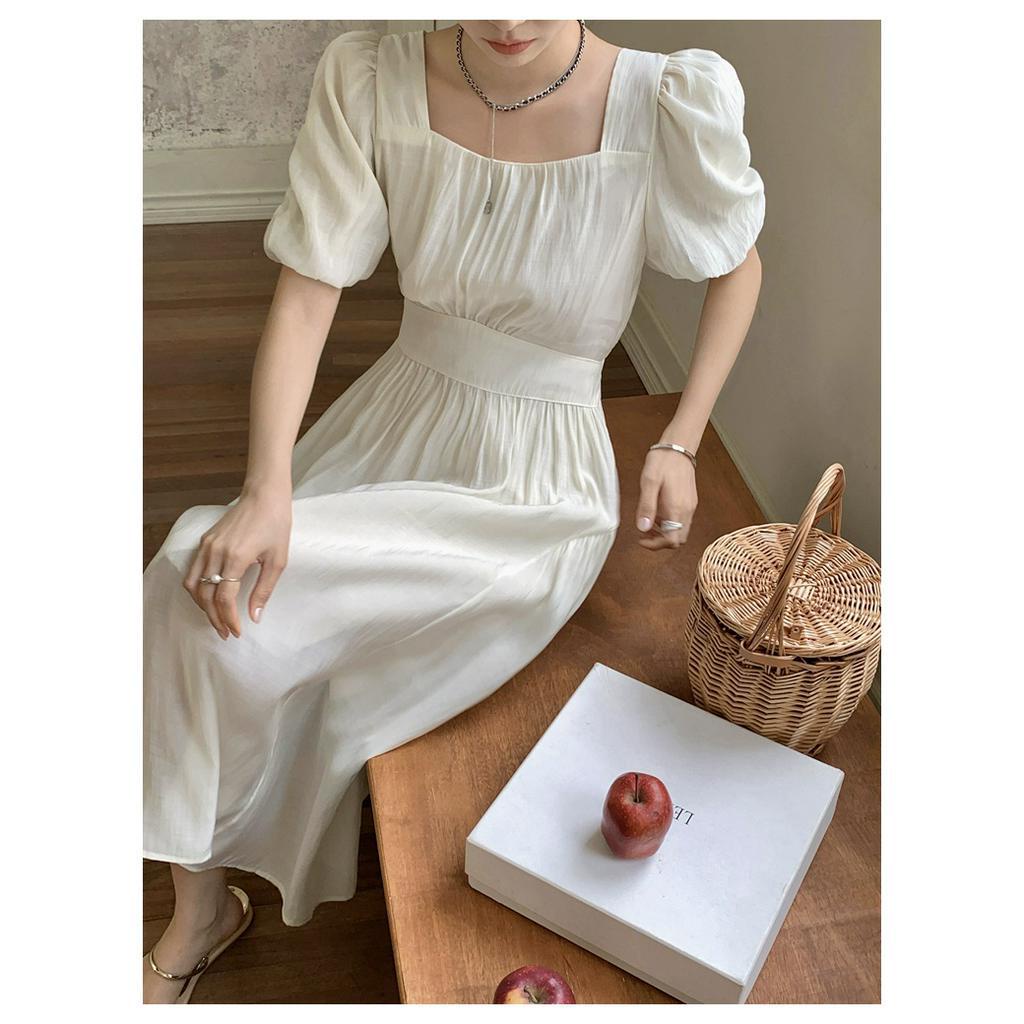 Đầm Tay Phồng Xếp Ly Màu Trơn Phong Cách Pháp Cổ Điển Thời Trang Mùa Hè Kiểu Mới 64057