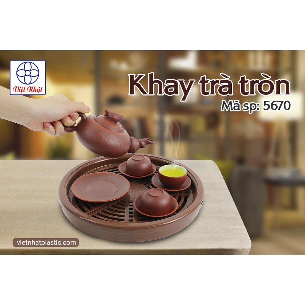 Khay trà tròn giả gỗ chất liệu nhựa Việt Nhật (MS: 5670) - Khay đựng ấm chén sang trọng dễ tháo rời, cọ rửa Br01532