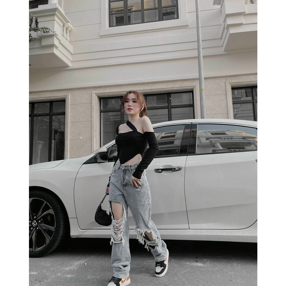Áo yếm croptop bẹt vai tay dài dây chéo màu trắng/đen NÀNG CLOSET
