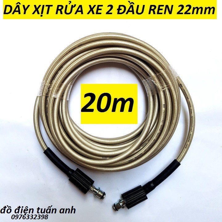 dây xịt rửa xe 20M áp lực cao loại tốt màu xám hoặc trắng 2 đầu to ren 22mm