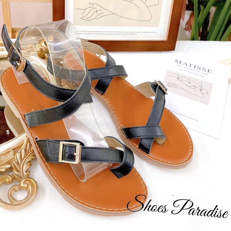 Giày Sandal Xỏ Ngón  Da Bò Xỏ Ngón Khoá Đế Bệt Thời Trang Shoes Paradise