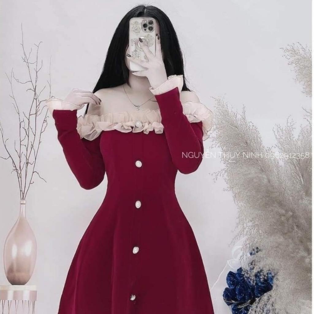 Váy nữ thiết kế trễ vai Đầm nhung xòe ngắn dự tiệc xinh đẹp trẻ trung HN Clothing V39 | BigBuy360 - bigbuy360.vn
