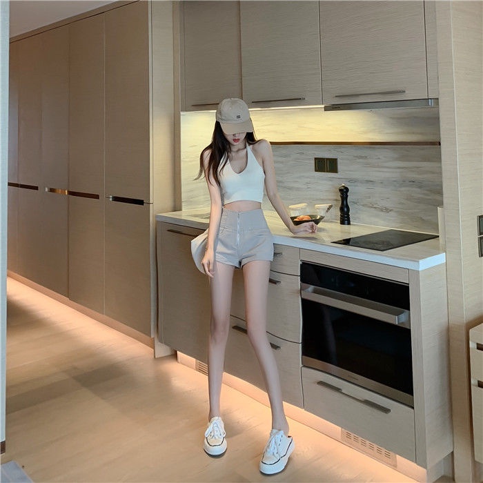 Quần Short Denim Lưng Cao Ống Rộng Phối Khóa Kéo Phong Cách Hong Kong Thời Trang Mùa Hè 2022