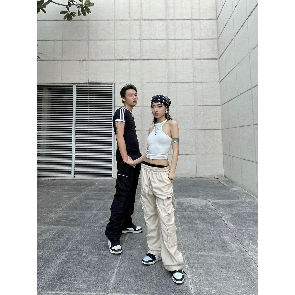 Quần Dài Kaki Ống Rộng Túi Hộp Cạp Cao Lưng Chun Bo Chân Phối Dây Rút Trendy Nam Nữ Unisex