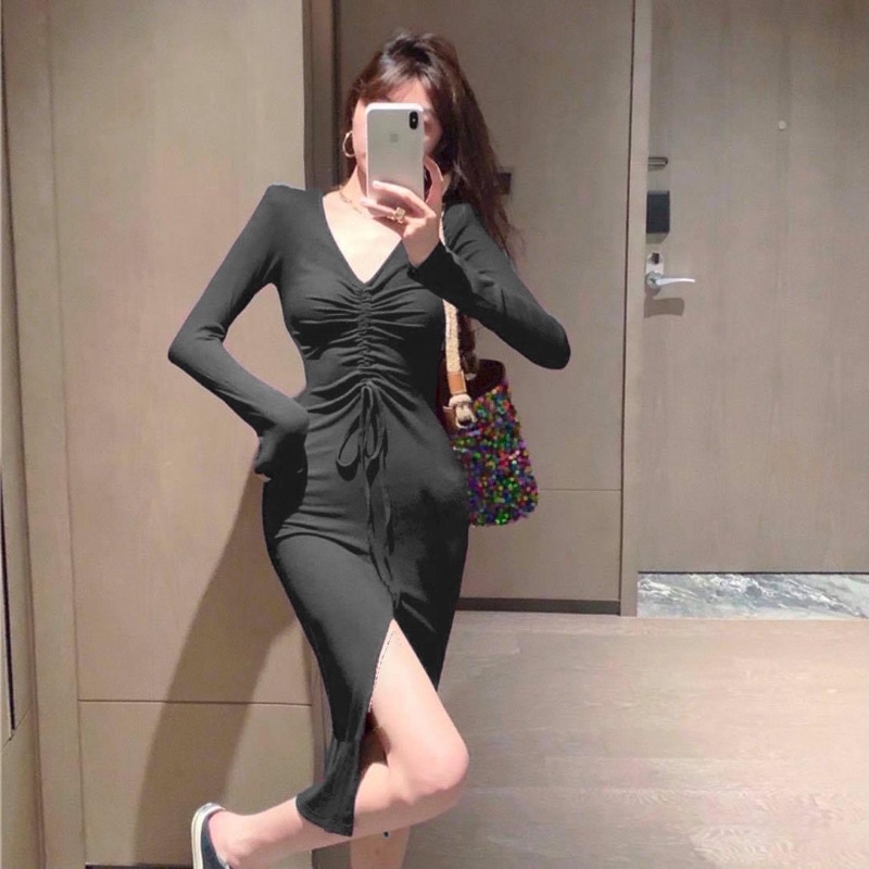 Váy đầm body rút dây tà xẻ cao sang chảnh chất len tăm dày dặn co giãn 3